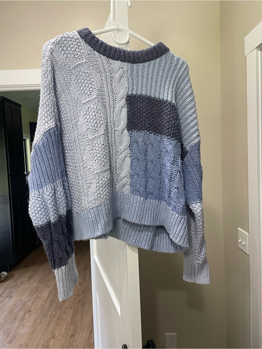 American Eagle Outfitters Patchwork Cable Knit Sweater in Light and Dark Blue